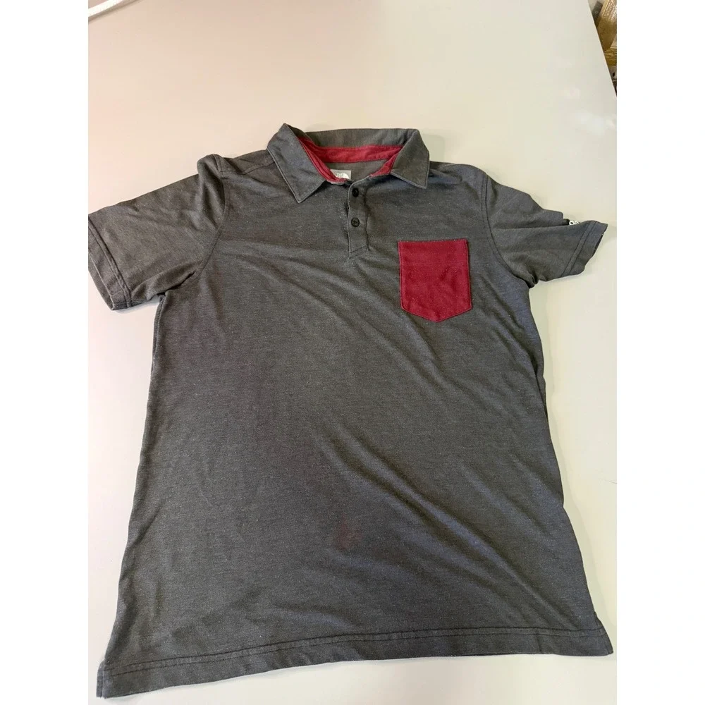 The North Face Mens FlashDry Polo Shirt Large Gray Burgundy Pocket Hiking Top